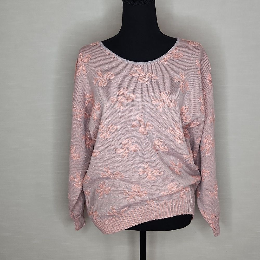Vintage 80s Arielle Pink Sparkle Bow Drop Shoulder Knitted Sweater